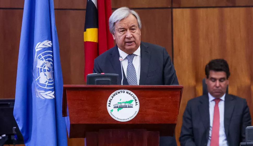 epa11572777 The Secretary-General of the United Nations (UN) António Guterres gives a speech at the solemn session in the National Parliament, as part of the commemorations of the 25th anniversary of the referendum for the self-determination of East Timor, in Dili, East Timor, 30 August 2024. Guterres in an official visit to Dili to attend the 25th anniversary of the referendum for the country's independence. Timor Leste's independence referendum was held on 30 August 1999, organised by the United Nations Mission in East Timor (UNTAET) leading to their separation from Indonesia. EPA/PAULO NOVAIS