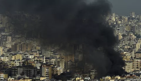 epa11639243 Smoke rises following an Israeli airstrike in Dahieh, a southern suburb controlled by Hezbollah in Beirut, Lebanon, 03 October 2024. The Lebanese National News Agency (NNA) said that Israeli airstrikes were carried out overnight in the southern suburb, along with shelling from warships at sea. EPA/WAEL HAMZEH