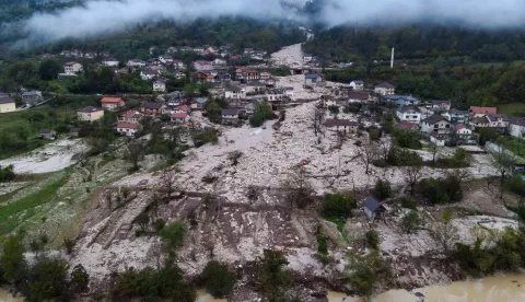 epa11642835 A picture taken with a drone shows damage caused by the flash floods in Donja Jablanica, Bosnia and Herzegovina, 05 October 2024. Central and southern parts of Bosnia and Herzegovina were hit by a severe rainstorm on 03 October 2024, which caused widespread flooding, closing roads, cutting electricity, and disrupting telecom signals. Rescue services in Jablanica and Kiseljak reported several people missing and called for army assistance, as access to Jablanica was completely blocked due to road and rail closures. 19 fatalities due to the flash floods have been confirmed so far by the regional government of Hercegovacko-Neretvanska county. EPA/NIDAL SALJIC