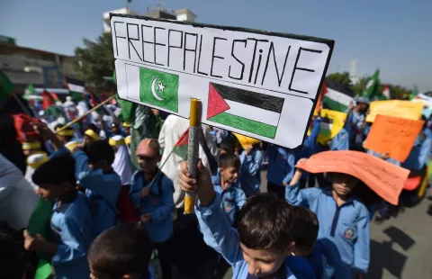 epa11646890 School children attend an anti-Israel rally and in support of the Palestinian people, in Karachi, Pakistan, 07 October 2024. The day 07 October 2024 marks one year since the Palestinian militant group Hamas launched a surprise attack on Israel, killing 1,200, and one year since Israel began its war on Gaza, killing more than 41,000 and destroying the Palestinian enclave. EPA/SHAHZAIB AKBER