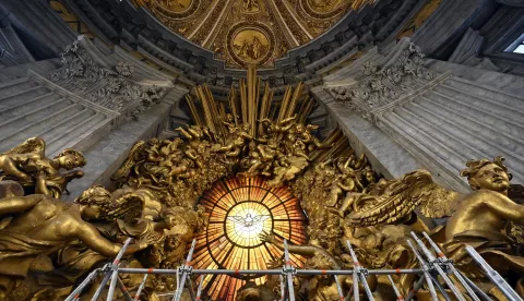 epa11649058 A view during the restoration works of the Chair of Saint Peter, created by Gian Lorenzo Bernini, located in the apse of St. Peter's Basilica, Vatican City, 08 October 2024. EPA/RICCARDO ANTIMIANI