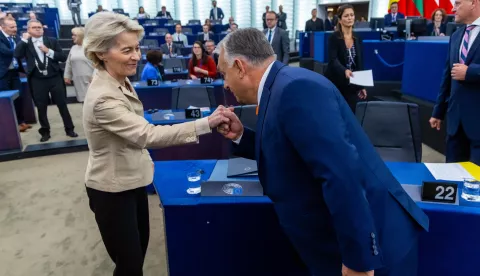 epa11650304 Hungarian Prime Minister Viktor Orban (R) greets European Commission President Ursula Von der Leyen (L) before delivering his speech at a plenary session for the presentation of the programme of activities of the Hungarian Presidency at the European Parliament in Strasbourg, France, 09 October 2024. EPA/CHRISTOPHE PETIT TESSON