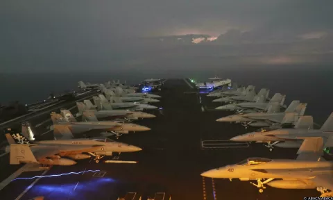 Handout photo dated June 7, 2020 shows the aircraft carrier USS Gerald R. Ford (CVN 78) steams through a storm in the Atlantic Ocean, June 7, 2020 prior to disembarking Carrier Air Wing (CVW) 8 following successful integrated air wing operations. USS Gerald R. Ford (CVN-78) is the lead ship of her class of United States Navy aircraft carriers. The ship is named after the 38th President of the United States, Gerald Ford, whose World War II naval service included combat duty aboard the light aircraft carrier Monterey in the Pacific Theater. U.S. Navy photo by Chief Mass Communication Specialist RJ Stratchko via ABACAPRESS.COM Photo: ABACA/ABACA