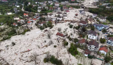 epa11642832 A picture taken with a drone shows damage caused by the flash floods in Donja Jablanica, Bosnia and Herzegovina, 05 October 2024. Central and southern parts of Bosnia and Herzegovina were hit by a severe rainstorm on 03 October 2024, which caused widespread flooding, closing roads, cutting electricity, and disrupting telecom signals. Rescue services in Jablanica and Kiseljak reported several people missing and called for army assistance, as access to Jablanica was completely blocked due to road and rail closures. 19 fatalities due to the flash floods have been confirmed so far by the regional government of Hercegovacko-Neretvanska county. EPA/NIDAL SALJIC