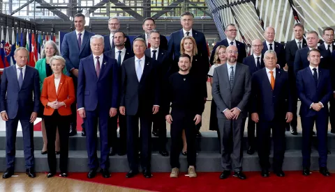 epa11663936 President of Ukraine Volodymyr Zelenskyy (front row C) and European leaders pose for a family photo before the European Council summit in Brussels, Belgium, 17 October 2024. EU leaders are meeting in Brussels to discuss Ukraine, the Middle East, competitiveness, migration and foreign affairs. EPA/CHRISTOPHER NEUNDORF