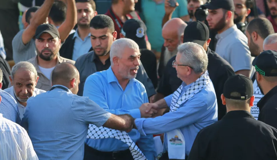 01 October 2022, Palestinian Territories, Gaza: Yahya Sinwar, leader of the Palestinian Islamic Movement Hamas in the Gaza Strip, attends a rally in support of Jerusalem's al-Aqsa mosque On the grounds of the Palestine Stadium. Photo: Mohammed Talatene/dpa Photo: Mohammed Talatene/DPA