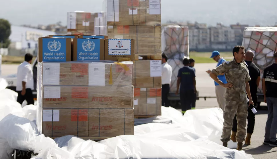 epa11641322 Pallets of aids, medicines, and medical supplies provided by the World Health Organization (WHO) arrive at Beirut airport, in Beirut, Lebanon, 04 October 2024. Lebanese Minister of Health, Firas Abiad, announced on 03 October, that 1,974 people have been killed, including 127 children and 261 women, and 9,384 others have been injured in Lebanon since the beginning of the Hezbollah-Israeli conflict. According to the Director-General of the World Health Organization Tedros Adhanom Ghebreyesus on 03 October, the health system's capacity in Lebanon is deteriorating, with 28 health workers killed in the previous 24 hours. EPA/STR