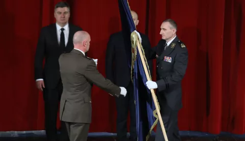 Zagreb, 08.03.2024.- Svečana  primopredaja dužnosti načelnika Glavnog stožera Oružanih snaga RH između admirala Roberta Hranja i general pukovnika Tihomira Kundida. Na fotografiji Robert Hranj, Zoran Milanović,Ivan Anušić, Tihomir Kundid.foto HINA/ Admir BULJUBAŠIĆ/ abu