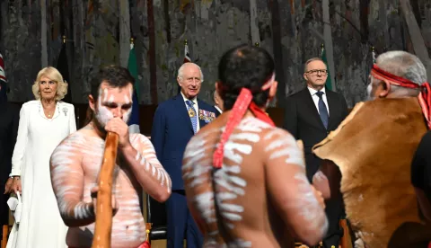 epaselect epa11672329 Britain's King Charles III (C) and Queen Camilla (L) observe Aboriginal dancers as they attend a Parliamentary reception hosted by Australian Prime Minister Anthony Albanese and partner Jodie Jaydon at Parliament House in Canberra, Australia, 21 October 2024. King Charles III and Queen Camilla are visiting Australia from 18 October to 23 October. EPA/LUKAS COCH AUSTRALIA AND NEW ZEALAND OUT