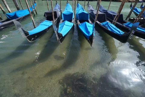 epa08313945 Some gondolas moored on the Grand Canal float on the water with a semi-transparent seabed, in the absence of wave motion, due to the blockage of traffic caused by the coronavirus emergency, in Venice, Italy, 22 March 2020. EPA/Andrea Merola