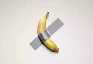 Maurizio Cattelan's "Comedian" is on display at a press preview for Sotheby's Evening Auction on October 25, 2024 in New York City. The conceptual piece, a banana duct-taped to a wall, went viral in 2019 and one of its three editions is estimated to sell for between $1 to $1.5 million dollars. Photo by John Angelillo/UPI Photo via Newscom Photo: John Angelillo/NEWSCOM