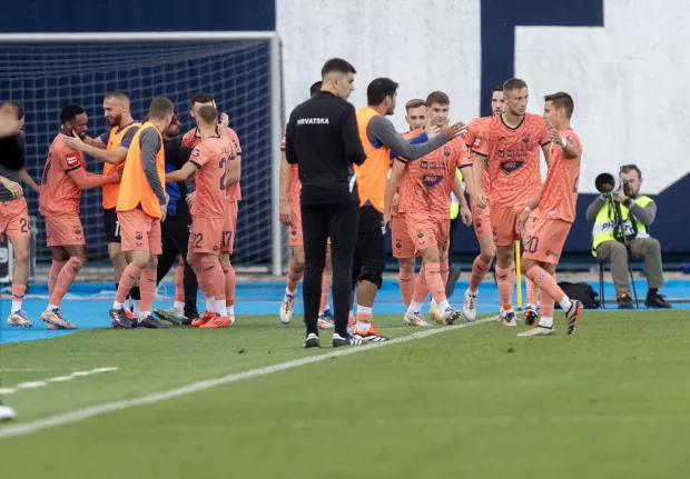 Zagreb, 27.10.2024 - Utakmica 11. kola HNL-a Dinamo - Osijek. Na slici igrači Osijeka slave pogodak.Foto Hina/ Dario GRZELJ/ dag