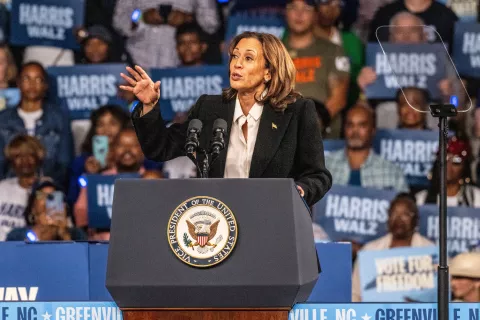 epa11657756 US Vice President and current Democratic presidential candidate Kamala Harris speaks during a campaign rally at Williams Arena in Greenville, North Carolina, USA, 13 October, 2024. Harris is in a tight race for the US presidency against Republican nominee and former President Donald Trump. EPA/STAN GILLILAND