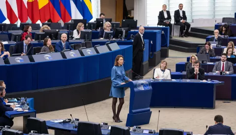 epa11648629 French MEP and Renew Europe Group leader, Valerie Hayer (C), speaks during a debate to prepare the European Council at the European Parliament in Strasbourg, France, 08 October 2024. EPA/CHRISTOPHE PETIT TESSON