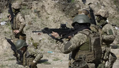 epa11270175 Members of the 'Siberian Battalion' attend their military training on a shooting range near Kyiv, Ukraine, 10 April 2024. The 'Siberian Battalion' military unit was formed as part of the International Legion of the Ukrainian Armed Forces and contains Russian nationals, former military personnel, civil activists and volunteers who choose to fight against Russian troops in Ukraine. Ukraine-aligned Russian fighters from 'Russian Volunteer Corps', 'Siberian Battalion' and 'Freedom of Russia Legion', have been carrying out cross-border raids inside Russia's Belgorod and Kursk regions in March 2024. EPA/SERGEY DOLZHENKO