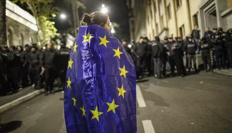 epa11689220 A supporter of opposition parties wears a European Union (EU) flag during a protest in Tbilisi, Georgia, 28 October 2024, opposing the results of the parliamentary elections held on 26 October. Nearly 20 parties competed for seats in the country's highest legislative body, which comprises 150 deputies. The ruling Georgian Dream party, in power for 12 years, won with 54.3 percent of the vote. In response, several parties announced a boycott of the parliament, and the opposition Coalition for Changes declined both parliamentary mandates and state funding. EPA/DAVID MDZINARISHVILI