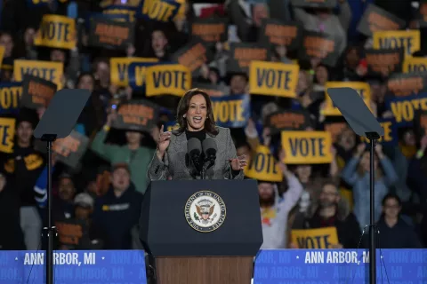 epa11689690 US Vice President and Democratic presidential nominee Kamala Harris addresses the crowd at her campaign rally at Burns Park in Ann Arbor, Michigan, USA, 28 October 2024. Harris is running against former US president and Republican presidential nominee Donald Trump and the United States will hold its election on 05 November 2024. EPA/LON HORWEDEL