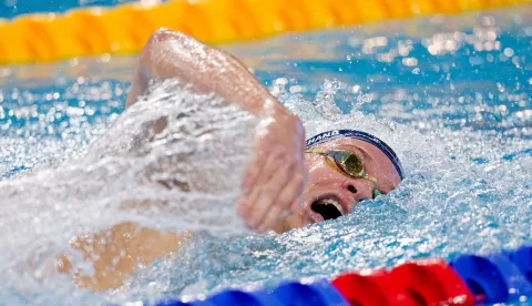 epa11670939 Leon Marchand of France in action during Men's 400m Individual Medley Final at the World Aquatics Swimming World Cup in Shanghai, China, 20 October 2024. EPA/ALEX PLAVEVSKI