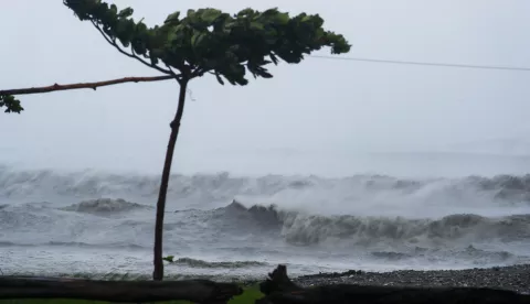 epa11693472 Huge waves batter a coastal area as Typhoon Kong-Rey moves quickly toward Taiwan, at a coastal area in Hualien, Taiwan, 31 October 2024. Super typhoon Kong-Rey bringing catastrophic winds and heavy rains has forced schools, businesses and transportation across the island to suspend or temporarily shut, as it sets to make landfall in northern and eastern parts of Taiwan later today, including Taipei, Hualien and Taitung, which are expected to be affected by the extreme weather conditions the most. EPA/DANIEL CENG