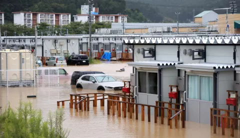 epa11618454 Temporary housing units for people who lost their homes in the New Year Day earthquake are flooded following heavy rainfall in Wajima, Ishikawa Prefecture, Japan, 22 September 2024. In the morning, the Japan Meteorological Agency lifted a heavy rain emergency warning for Suzu, Wajima and Noto towns with landslides and floods after torrential rain hit the area since 21 September. According to latest reports from Ishikawa prefecture, one is dead and at least ten are missing in the area already devastated by the major New Year's Day earthquake. EPA/JIJI PRESS JAPAN OUT EDITORIAL USE ONLY/