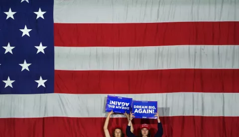 epa11701579 Supporters of former US President Donald Trump during a rally in Reading, Pennsylvania, USA, 04 November 2024. Trump and US Vice President and Democratic presidential nominee Kamala Harris are tied in the polls with the US presidential election on 05 November. EPA/WILL OLIVER