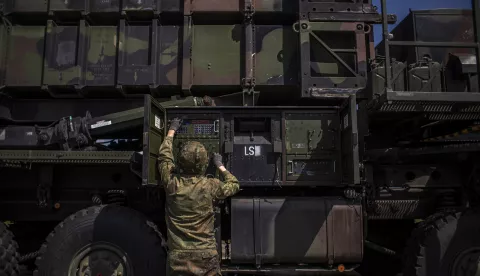 epa09937887 A German soldier works during presentation of how it works at the launching station of NATO's Patriot missile air defense system operated by German army unit Flugabwehrraketengruppe 26 (Air Defense Artillerie) placed at Sliac airbase in Sliac, central Slovakia, 10 May 2022. A Dutch-German air and missile defence forces deployed Patriot system in spring 2022 to reinforce defence capabilities on Eastern NATO border following Russia's military invasion in Ukraine, as mainly military mission is protection of Sliac air base and additional assets. NATO multinational air missile defence task force Slovakia operate on the site with 240 German soldiers and with 130 Dutch soldiers. EPA/MARTIN DIVISEK