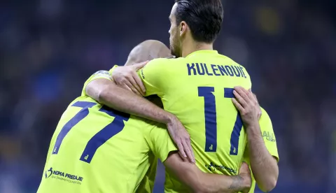 Bratislava, 05.11.2024 - Utakmica 4. kola nogometne Lige prvaka Slovan - Dinamo. Na slici igrači Dinama slave zgoditak koji je postigao Dario &Scaron;pikić.foto HINA/ Daniel KASAP/ ds