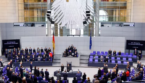 epa11651823 Members of the German Bundestag mark the anniversary of the 07 October 2023 Hamas-led attack on Israel during a session of the 'Bundestag', or German parliament, in Berlin, Germany, 10 October 2024. EPA/Filip Singer