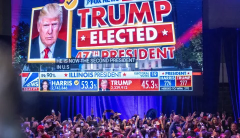 epaselect epa11704674 Supporters of Republican presidential candidate Donald Trump react to results of US 2024 presidential elections during the Election Night watch party in the West Palm Beach Convention Center in West Palm Beach, Florida, USA, 06 November 2024. EPA/CRISTOBAL HERRERA-ULASHKEVICH