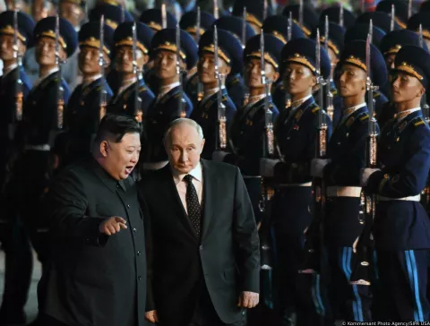 State visit of Russian President Vladimir Putin to the Democratic People's Republic of Korea (DPRK). Russian President Vladimir Putin (right) and Chairman of State Affairs of the Democratic People's Republic of Korea (DPRK) Kim Jong-un (left) at Pyongyang Airport after Vladimir Putin's state visit to the DPRK.19.06.2024 Korea, North, PyongyangPhoto credit: Dmitry Azarov/Kommersant/Sipa USA Photo: Kommersant Photo Agency/SIPA USA