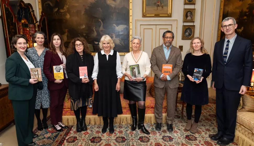 (left to right) Yael van der Wouden, Gaby Wood, Rachel Kushner, Anne Michaels, Queen Camilla, Charlotte Wood, Percival Everett, Samantha Harvey, and Edmund de Waal during a reception for the Booker Prize Foundation at Clarence House, London. Picture date: Tuesday November 12, 2024. Photo: Aaron Chown/PRESS ASSOCIATION