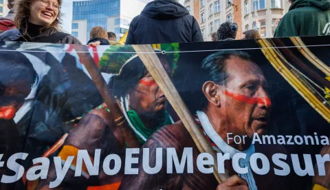 epa11718164 Farmers representing FUGEA, the United Federation of Breeders and Farmers Groups, stage a demonstration calling for stopping the EU-Mercosur agreement in front of the European Commission building in Brussels, Belgium, 13 November 2024. The European Union is pressing to finalise the EU-Mercosur trade agreement at the upcoming G20 summit in Brasilia on November 18 and 19. This agreement is expected to boost imports of agricultural products from Mercosur countries, particularly beef—an industry already well-established both domestically and abroad. However, these imports represent unfair competition for our farmers, as the standards in Mercosur countries are significantly lower, and the beef is sold at much cheaper prices, which drives down market prices. This fosters industrial-scale meat production in Brazil, contributing to widespread deforestation. EPA/OLIVIER MATTHYS