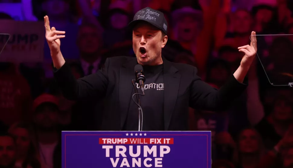 epa11688259 Elon Musk, businessman, speaks during a rally held for former US President and Republican presidential candidate Donald Trump, at Madison Square Garden in New York, New York, USA, 27 October 2024. Trump is facing US Vice President and Democratic presidential candidate Kamala Harris in the upcoming election on 05 November 2024. EPA/SARAH YENESEL