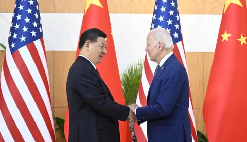 epa10305492 Chinese President Xi Jinping (L) greets his US counterpart Joe Biden before their meeting, one day ahead of the G20 Summit in Bali, Indonesia, 14 November 2022. The 17th Group of Twenty (G20) Heads of State and Government Summit will be held in Bali from 15 to 16 November 2022. EPA/XINHUA /LI XUEREN CHINA OUT/MANDATORY CREDIT EDITORIAL USE ONLY