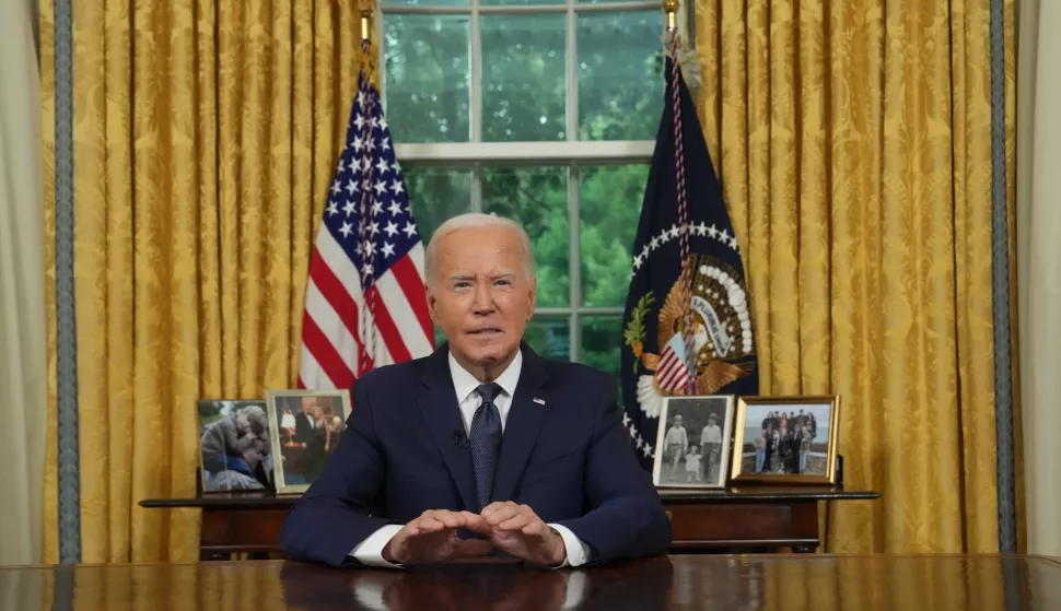 epa11479109 US President Joe Biden delivers an address to the nation from the Oval Office of the White House in Washington, DC, USA, on 14 July 2024. Biden's address comes after Former US President Donald Trump was injured by a bullet in an assassination attempt on 13 July during a campaign rally. EPA/Erin Schaff/POOL