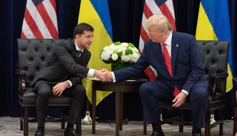 epa07869481 A handout photo made available by Ukraine Presidential Press Service shows Ukraine's President Volodymyr Zelensky (L) and US President Donald J. Trump (R) during a meeting on the sidelines of the 74th session of the United Nations General Assembly in New York, New York, USA, 25 September 2019. The annual meeting of world leaders at the United Nations runs until 30 September 2019. EPA/UKRAINE PRESIDENTIAL PRESS SERVICE/HANDOUT HANDOUT EDITORIAL USE ONLY/NO SALES