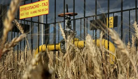 epa10758680 A sliding valve on the Russian Gazprom pipe supplying gas to residential buildings with a plate read as 'GAS' in a wheat field in Domodedovo, outside Moscow, Russia, 20 July 2023. A deal brokered by Turkey and the United Nations to ensure the safe export of grain from Ukrainian ports expired on 17 July 2023 and Russia withdrew from the deal allowing Ukraine to safely export grain through the Black Sea. Russian authorities have agreed rises in the regulated price of gas for domestic customers. The Gazprom expect to use revenues to build new pipelines to China and India. EPA/MAXIM SHIPENKOV