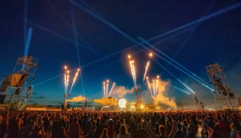 Fatboy Slim performs inside Arcadia's new Dragonfly stage at Glastonbury Festival, Worthy Farm in Somerset. Picture date: Friday June 28, 2024. Photo: Ben Birchall/PRESS ASSOCIATION