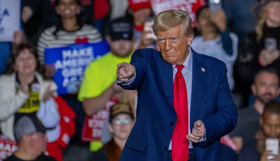 epa11691591 Former US President and Republican Presidential Candidate Donald J. Trump gestures during a campaign rally in Allentown, Pennsylvania, USA, October 29, 2024. Trump is running against Democratic US Vice President Kamala Harris in the presidential election on 05 November 2024. EPA/DAVID MUSE