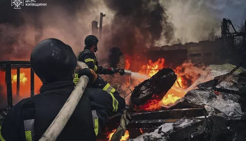 epa11717807 A handout photo made available by the State Emergency Service of Ukraine shows Ukrainian rescuers working at the site of a Russian attack on a building in the city of Brovary near Kyiv, Ukraine, 13 November 2024, amid the ongoing Russian invasion. At least one person was injured following a Russian overnight combined attack in Kyiv's area, according to the State Emergency Service of Ukraine (SESU). According to the Ukrainian Armed Forces, Russian troops launched an overnight attack with six rockets of different types and 90 'Shahed' unmanned aerial vehicles (UAVs) across Ukraine. EPA/SECURITY SERVICE OF UKRAINE HANDOUT HANDOUT EDITORIAL USE ONLY/NO SALES