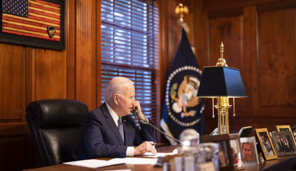 epa09660970 A handout photo made available by the White House showing US President Joe Biden speaking on the phone with Russian President Vladimir Putin on the phone from his residence in Wilmington, Delaware, USA, 30 December 2021. Biden spoke with Putin about deescalating the tension with Ukraine. EPA/Adam Schultz/The White House/HANDOUT HANDOUT EDITORIAL USE ONLY/NO SALES