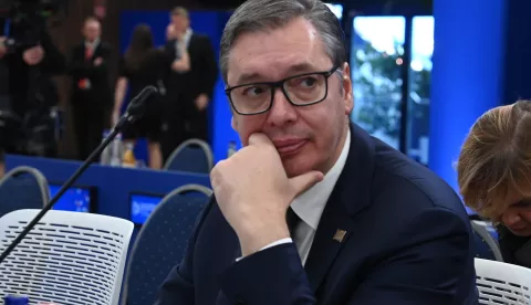 epa11707163 Serbian President Aleksandar Vucic attends a plenary session of the 5th summit of the European Political Community (EPC) held in Puskas Arena in Budapest, Hungary, 07 November 2024 EPA/ZOLTAN MATHE HUNGARY OUT