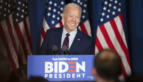 epa08802769 (FILE) - Democratic candidate for United States President, Former Vice President Joe Biden, smiles as he prepares to make a speech during a campaign stop at the Governor's Inn in Rochester, New Hampshire, USA, 09 October 2019 (reissued 06 November 2020). According to media reports citing election officials, Biden has taken the lead in Pennsylvania. An official win of the state would push Biden over the 270 electoral votes necessary to become the 46th President of the United States. *** Local Caption *** 55537332 EPA/CJ GUNTHER *** Local Caption *** 55537332