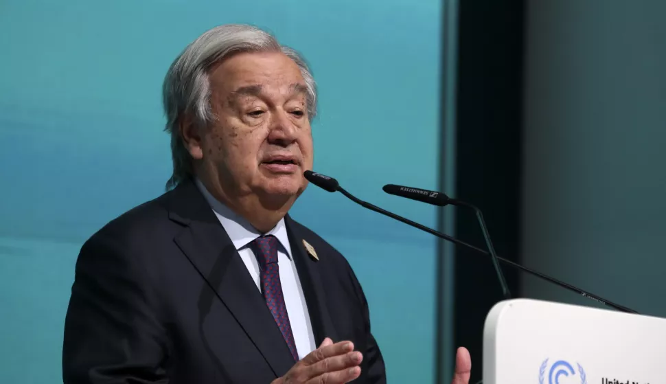 epa11732610 United Nations Secretary-General Antonio Guterres speaks during a press conference at the United Nations Climate Change Conference COP29 in Baku, Azerbaijan, 21 November 2024. The Azerbaijani capital of Baku hosts the 2024 United Nations Climate Change Conference (COP29) from 11 to 22 November 2024. EPA/IGOR KOVALENKO