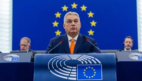 epa11650296 Hungarian Prime Minister Viktor Orban delivers his speech at a plenary session for the presentation of the programme of activities of the Hungarian Presidency at the European Parliament in Strasbourg, France, 09 October 2024. EPA/CHRISTOPHE PETIT TESSON