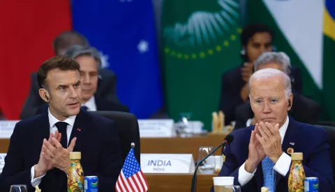 epa11727494 US President Joe Biden (R) and French President Emmanuel Macron participate at the opening of the G20 Summit of Heads of State in Rio de Janeiro, Brazil, 18 November 2024. The G20 summit will bring together leaders from 55 nations and organizations on 18 and 19 November at the Museum of Modern Art in Rio de Janeiro. EPA/ANTONIO LACERDA