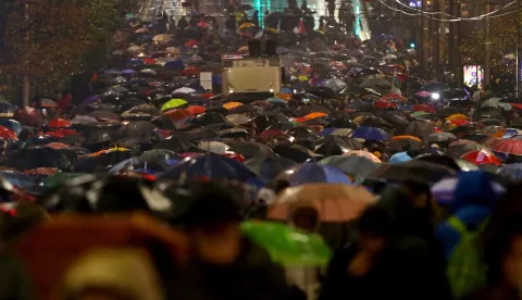 epa11715234 Protesters march during a rally of support for the victims of the Novi Sad railway station accident, in Belgrade, Serbia, 11 November 2024. Opposition parties rallied in support of the victims of a recent accident in Novi Sad. Fourteen people lost their lives in the collapse of the Novi Sad Railway Station canopy on 01 November 2024. The station building, which had been renovated and reopened on 05 July 2024, was undergoing further renovations shortly before the collapse. EPA/ANDREJ CUKIC