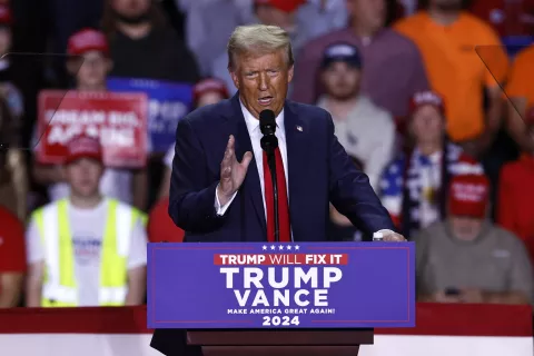 epa11701968 Republican presidential candidate and former US President Donald Trump speaks during a campaign rally in Grand Rapids, Michigan, USA, 04 November 2024. Trump and Vice President and Democratic presidential nominee Kamala Harris are tied in the polls with one day until the election of 05 November. EPA/CJ GUNTHER