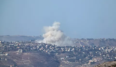 epa11734535 Smoke rises as a result of an Israeli airstrike on the village of Al-Khiam in southern Lebanon, as seen from the Israeli side of the border, northern Israel, 22 November 2024, amid cross-border hostilities between Hezbollah and Israel. Israel's military stated on 22 November, that following sirens that sounded in the Haifa Bay area, approximately five projectiles were identified crossing from Lebanon into Israeli territory. EPA/ATEF SAFADI