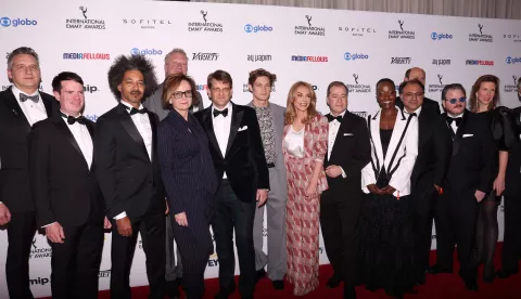 epa11741006 (L-R) Oliver Schablitzki, Björn Böhning, Tyron Ricketts, Sabine de Mardt, Michael Souvignier, Leopold Hoesch, Damian Hardung, Inga Leschek, Mark Speich, Florence Kasumba, Walid Nakschbandi, Moritz Führmann, Lutz Heineking Jr, and Nina Klink arrive on the red carpet for the 52nd annual International Emmy Awards, presented by the International Academy of Television Arts and Sciences, in New York, NY, USA, 25 November 2024. EPA/SARAH YENESEL